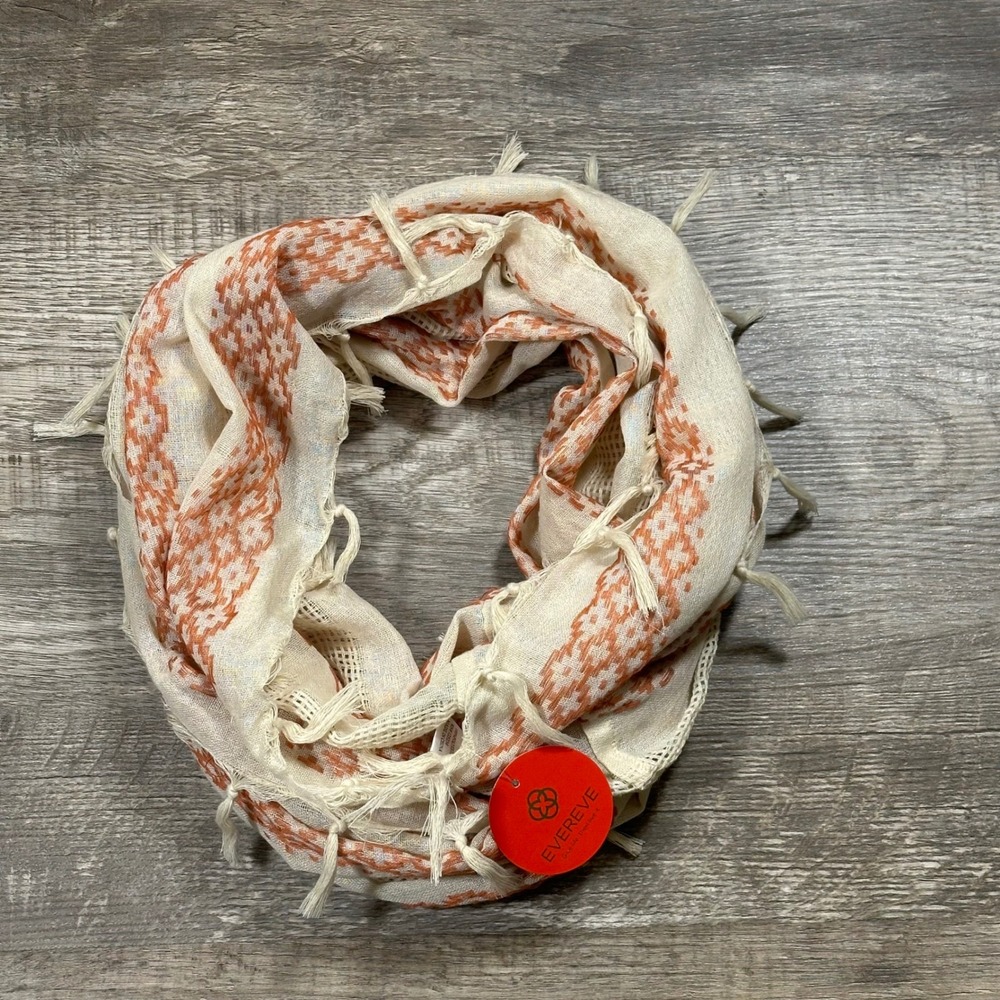 Evereve Womens Infinity Scarf Ivory Rust Orange‎ Geometric Striped Tassel NEW